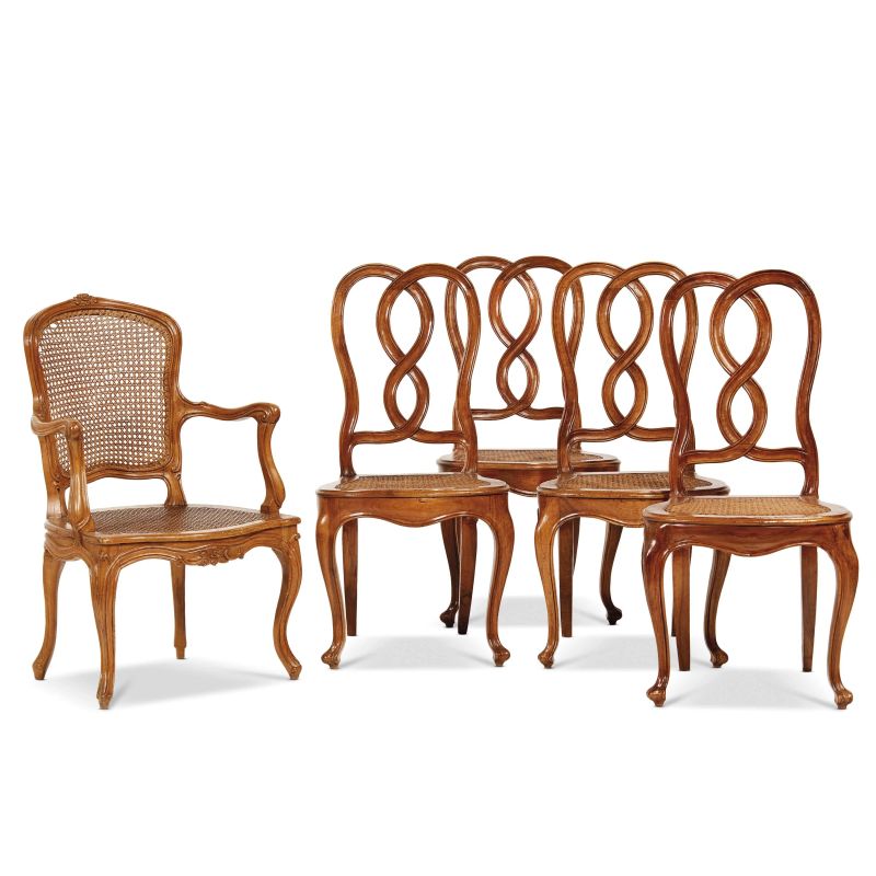 A GROUP OF A VENETIAN ARMCHAIR AND FOUR CHAIRS, 18TH CENTURY  - Auction ONLINE AUCTION | ARREDARE CON STILE. MOBILI E OGGETTI D'ARTE - Pandolfini Casa d'Aste