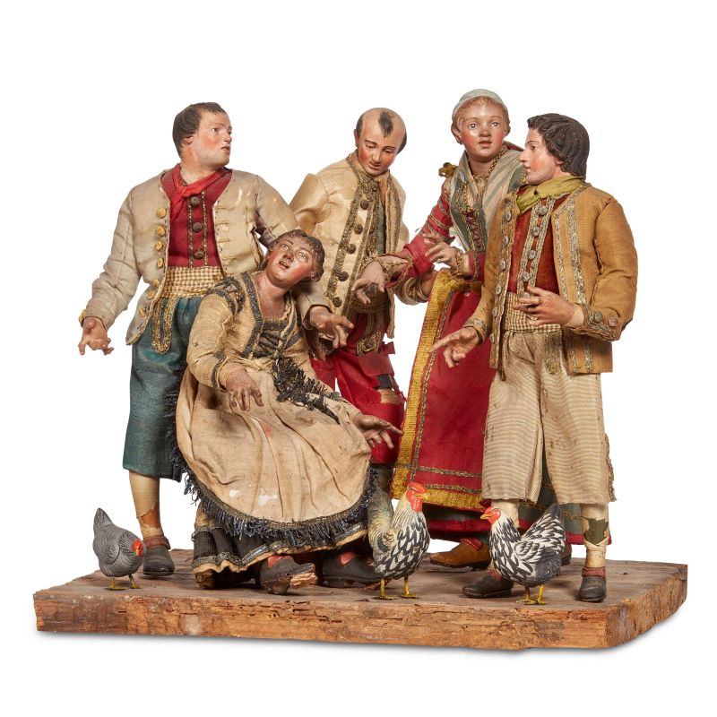 THREE YOUNG PEASANT MEN AND TWO PEASANT WOMEN, NAPLES, 18TH CENTURY  - Auction NEAPOLITAN NATIVITY SHEPHERDS - Pandolfini Casa d'Aste