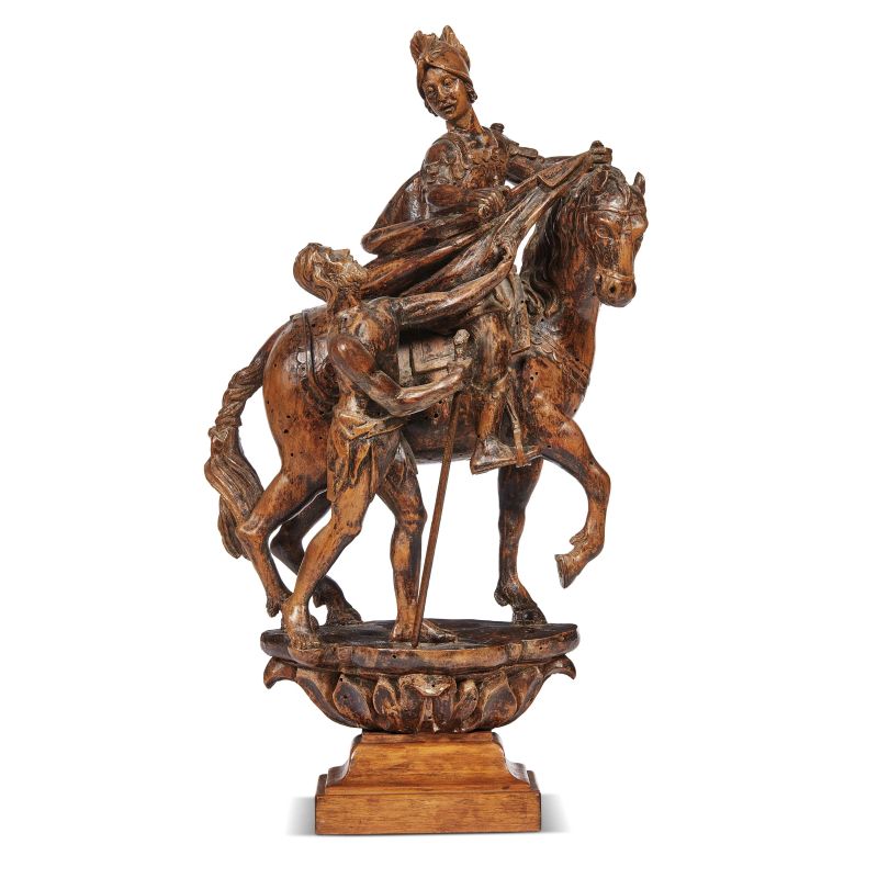 French, 18th century, Saint Martin and the Poor, carved wood, 31,5x20,5x14 cm (base 5x11x8 cm)  - Auction Sculptures and works of art from the middle ages to the 19th century - Pandolfini Casa d'Aste
