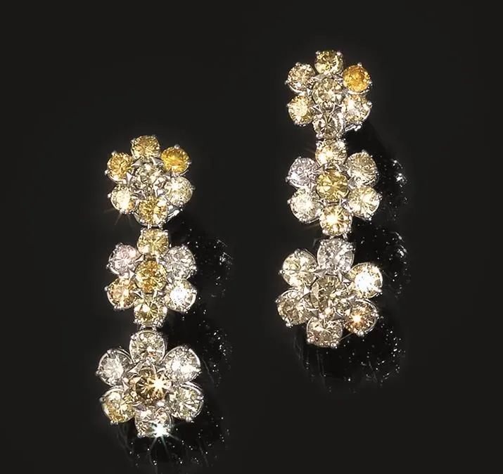 Paio di orecchini in oro bianco, diamanti fancy e incolori  - Auction Silver, jewels, watches and coins - Pandolfini Casa d'Aste