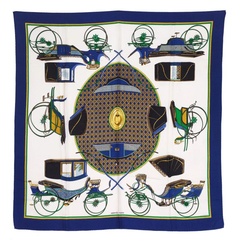 HERMES SCARF &quot;LES VOITURES A TRANSFORMATION&quot;  - Auction VINTAGE FASHION: HERMES, LOUIS VUITTON AND OTHER GREAT MAISON BAGS AND ACCESSORIES - Pandolfini Casa d'Aste