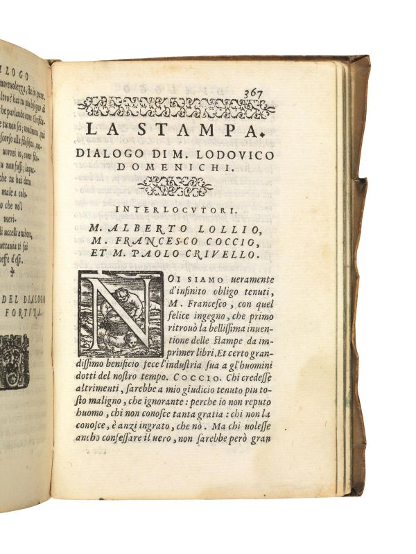      (Bibliofilia)   DOMENICHI, Lodovico.   Dialoghi di m. Lodouico Domenichi; cio&egrave;, D&rsquo;amore, Della uera nobilt&agrave;, De&rsquo; rimedi d&rsquo;amore, Dell&rsquo;imprese, Dell&rsquo;amor fraterno, Della corte, Della fortuna, Et della stampa.   In Vinegia, Gabriel Giolito De&rsquo; Ferrari, 1562.    - Asta LIBRI, MANOSCRITTI E AUTOGRAFI - Pandolfini Casa d'Aste