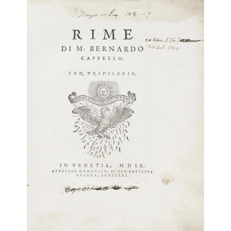 Cappello, Bernardo. Rime. Venezia, Guerra, 1560.  - Asta LIBRI, MANOSCRITTI, AUTOGRAFI E STAMPE - Pandolfini Casa d'Aste