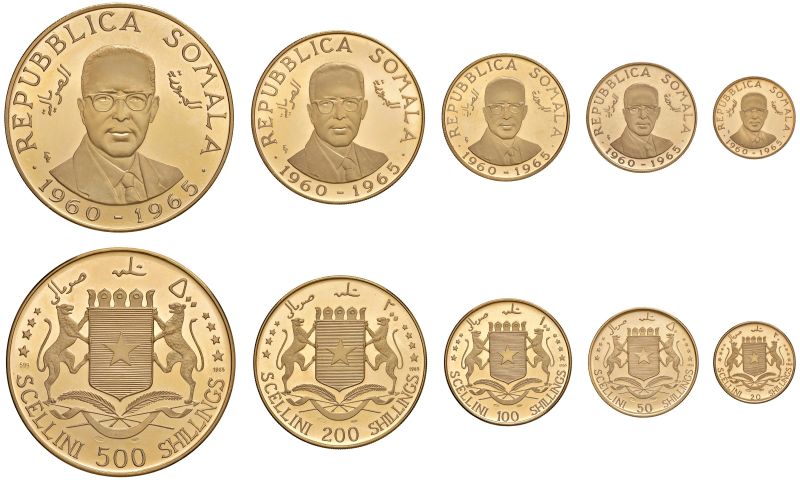 



SOMALIA. REPUBBLICA. V ANNIVERSARIO DELL&rsquo;INDIPENDENZA (1960-1965). SERIE COMPLETA DI CINQUE VALORI ORO 900 (500, 200, 100, 50, 20 SCELLINI) 1965. MINTAGE 8.000  - Asta AUREA - Pandolfini Casa d'Aste