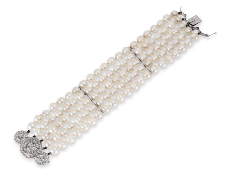 BRACCIALE IN ORO BIANCO DIAMANTI E PERLE COLTIVATE  - Asta gioielli - Pandolfini Casa d'Aste